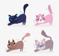 Cute cats stretching itself domestic cartoon animal, collection pets