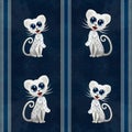 Cute cats on striped navy blue background pattern