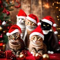 Cute cats wearing Santa hats - ai generated image