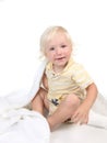 Cute Caucasian Baby Boy Sitting on White Royalty Free Stock Photo