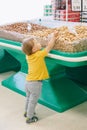 Cute Caucasian baby child choosing nut in supermarket. Funny toddler boy in a grocery store packing produce. Healthy tasty summer Royalty Free Stock Photo