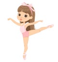 Cute Caucasian Ballerina Girl Dancing. Little Brown Haired Girl Wearing Pink Training Dancewear