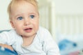 Cute caucasian blond toddler boy portrait crying at home during hysterics. Little child feeling sad. Small pensive baby after Royalty Free Stock Photo