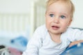 Cute caucasian blond toddler boy portrait crying at home during hysterics. Little child feeling sad. Small pensive baby after Royalty Free Stock Photo