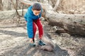 Cute Caucasian boy feeding grey squirrel in park. Adorable little kid giving food nuts to wild animal in forest. Child learning