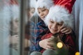 cute caucasian children wearing snta hats and plaid shirts sitting hugging by the window waitinf for christmas