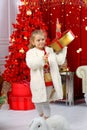 A cute Caucasian girl close up,  holding a box in her hands. Christmas and New Year concept. Royalty Free Stock Photo