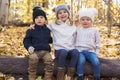 Cute caucasian kids on fall season outdoors sit on log Royalty Free Stock Photo