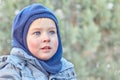 Cute caucasian liittle boy with big bright blue eyes in winter clothes and hat hood on green background. Healthy childhood.