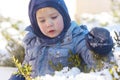 Cute caucasian liittle boy with bright blue eyes in winter clothes and hat hood on winter background. Healthy childhood. Outdoor