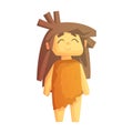 Cute cave girl smiling with closed eyes, stone age character, colorful vector illustration Royalty Free Stock Photo