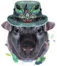 Watercolor portrait of Skinny Guinea Pig in green hat on white background