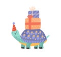 Cute celebratory turtle carrying gift box on tortoiseshell vector flat illustration. Tortoise in festive cone hat with