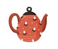 Cute ceramic colored teapot isolated on white background. Red tea kettle painted in dots and flowers. Kitchen crockery