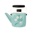 Cute ceramic colored teapot isolated on white background. Tea kettle painted with camomile flowers. Kitchen crockery Royalty Free Stock Photo