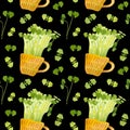 Cute ceramic cup with green basil seedlings. Bright spring crops. Fresh microgreens, cress salad. Royalty Free Stock Photo