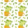 Cute ceramic cup with green basil seedlings. Royalty Free Stock Photo