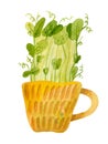 Cute ceramic cup with green pea seedlings.