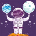 Cute chalkboard sketch of an astronaut playing with planets Vector