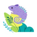 Cute chameleon in bushes. Adorable African baby animal on nature cartoon vector illustration