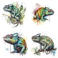 Cute chameleon watercolor illustration set