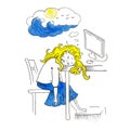 Cute character. Blonde girl sleeping on the table. She dreams of the sea, in front of her a computer. Cartoon young