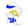 Cute character. Blonde girl sleeping on the table. She dreams of the sea, in front of her a computer. Cartoon young