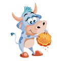 Cute character bull or cow in slippers eats a cake, cupcake, flat cartoon animal for holiday cards, posters and home