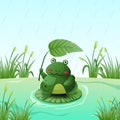 Cute character cartoon frog sitting on the lotus leaf on the water aquatic with leaf umbrella at rain wet land tropical