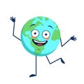 Cute character cheerful and happy planet Earth with emotions dancing, arms and legs
