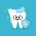 Cute character of a clean healthy tooth wearing glasses with toothpaste and a protective shield. Illustration of children\'s