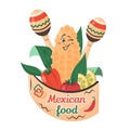 Cute character corn with national elements, vegetables and frame. Mexican food. Doodle drawn vector illustration for dishes, menu