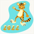 Funny cartoon tiger - the symbol of the year on a blue background. Exclusive vector illustration with the inscription 2022