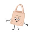 Cute character fabric bag with happy emotions, joyful face, smile eyes, arms and legs.