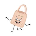 Cute character fabric bag with happy emotions, joyful face, smile eyes, arms and legs.