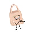 Cute character fabric bag with love emotions, smile face, arms and legs.