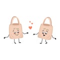 Cute character fabric bag with love emotions, smile face, arms and legs.