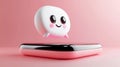 Cute character floating above smartphone on pink background for technology or communication design