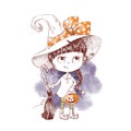 Cute character girl witch, watercolor illustration for Halloween Royalty Free Stock Photo