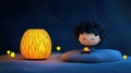 A cute character meditating peacefully beside a glowing lamp on a calm night Royalty Free Stock Photo