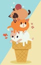 Cute character three cat on icecream