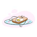 Cute character of toast with egg on a plate and hearts for Valentine\'s day and more. Best for postcard, stickers and more designs