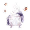 Cute character witch cauldron, watercolor illustration for halloween