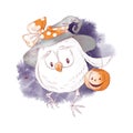 Cute character witch owl, watercolor illustration for Halloween Royalty Free Stock Photo