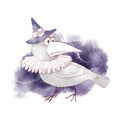 Cute character witch raven, watercolor illustration for halloween