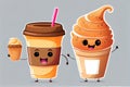 Cute characters Coffee in paper cup takeaway and croissan