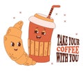 Cute characters Coffee in paper cup takeaway and croissant. Vector illustration. Funny mascot drink and food. Cool