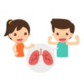 Cute characters of couple man and woman in strong and healthy actions with lung symbol in the bubble.