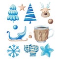 Cute characters deer, sledge, scarf, ÃÂhristmas toy, cup, star, snowflake and decor.