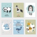 Cute characters for kids. Posters with panda, teddy bear, hedgehog and giraffe. Royalty Free Stock Photo